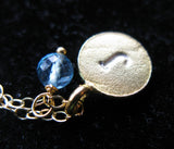 Initially Mine 24K Gold vermeil disc custom Initial hand Stamped disc coin micro faceted aquamarine apatite round birthstone necklace