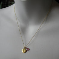 Initially Mine 24K Gold vermeil disc custom Initial hand Stamped disc coin micro faceted aquamarine apatite round birthstone necklace