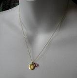 Initially Mine 24K Gold vermeil disc custom Initial hand Stamped disc coin micro faceted aquamarine apatite round birthstone necklace