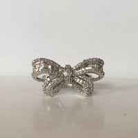 Sterling silver Diamond bow ring baguette diamond round diamond .50 carat pave diamond ribbon ring valentines gift birthday gift