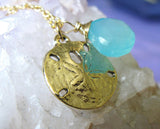 Summer Splash antique Gold sand dollar and aqua blue chalcedony heart briolette necklace summer collection