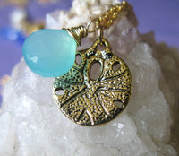 Summer Splash antique Gold sand dollar and aqua blue chalcedony heart briolette necklace summer collection