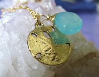 Summer Splash antique Gold sand dollar and aqua blue chalcedony heart briolette necklace summer collection