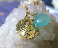 Summer Splash antique Gold sand dollar and aqua blue chalcedony heart briolette necklace summer collection