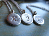 Elegant Initial Sterling silver fine silver custom initial hand stamped disc necklace a b c d e f g h i j k l m n o p q r s t u v w x y z