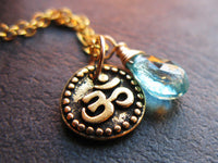 SALE last one Karma Caribean 22K Gold plated bali style om with Grade AA teal apatite yoga sanskrit necklace chain