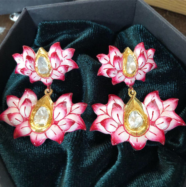 Lotus earrings Polki diamond enamel flower floral dangle drop earrings nature Gold vermeil earrings