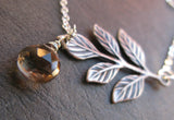 Smoked Silver oxidized olive branch leaf and smokey quartz teardrop necklace SALE CLEARANCE