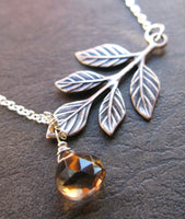 Smoked Silver oxidized olive branch leaf and smokey quartz teardrop necklace SALE CLEARANCE