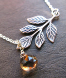 Smoked Silver oxidized olive branch leaf and smokey quartz teardrop necklace SALE CLEARANCE