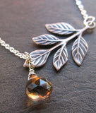 Smoked Silver oxidized olive branch leaf and smokey quartz teardrop necklace SALE CLEARANCE