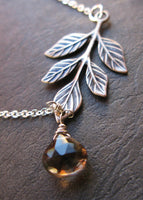 Smoked Silver oxidized olive branch leaf and smokey quartz teardrop necklace SALE CLEARANCE