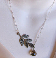 Smoked Silver oxidized olive branch leaf and smokey quartz teardrop necklace SALE CLEARANCE