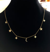 14K Yellow Gold Diamond pave crescent moon and stars shaker choker necklace G VS Diamonds pendant charms celebrity style jewelry gifts for her
