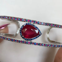 Ruby 5 carat pear shape 1 carat accent ruby blue sapphire halo double row cuff bracelet custom jewelry sterling silver custom