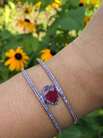 Ruby 5 carat pear shape 1 carat accent ruby blue sapphire halo double row cuff bracelet custom jewelry sterling silver custom