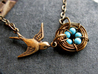 Mothers love necklace VI Our Big family bronze brass and turquoise hand woven nest bird sparrow necklace