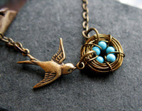 Mothers love necklace VI Our Big family bronze brass and turquoise hand woven nest bird sparrow necklace