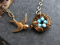 Mothers love necklace VI Our Big family bronze brass and turquoise hand woven nest bird sparrow necklace