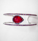 Ruby 5 carat pear shape 1 carat accent ruby blue sapphire halo double row cuff bracelet custom jewelry sterling silver custom