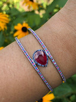 Ruby 5 carat pear shape 1 carat accent ruby blue sapphire halo double row cuff bracelet custom jewelry sterling silver custom