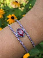 Ruby 5 carat pear shape 1 carat accent ruby blue sapphire halo double row cuff bracelet custom jewelry sterling silver custom