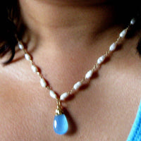 My Big Day Grade A aqua sky blue chalcedony and rice pearl 14K gold Wedding necklace