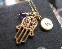 Hold My Hand. Sterling silver hand of Fatima hamsa hamesh spirit custom initial and gemstone birthstone