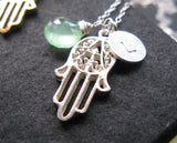 Hold My Hand. Sterling silver hand of Fatima hamsa hamesh spirit custom initial and gemstone birthstone