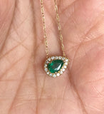 Gorgeous Emerald and diamond halo necklace .25 carat pear-shaped emerald .10 carat diamond halo yellow gold necklace