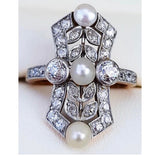 Antique astro hungarian old cut diamond and pearl ring size 6 silver topped 14K Gold .75 carat diamonds