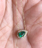 Gorgeous Emerald and diamond halo necklace .25 carat pear-shaped emerald .10 carat diamond halo yellow gold necklace