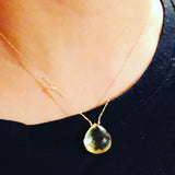 14K Yellow Gold Lemon quartz and diamond bezel necklace