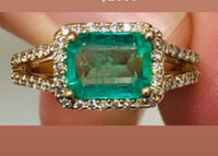 8x6mm Emerald cut Colombian Emerald diamond halo split shank ring diva