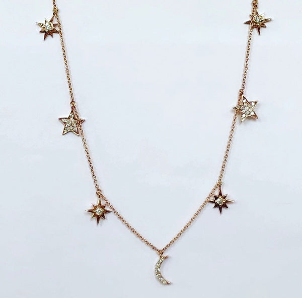 14K Gold diamond moon and stars necklace diamond crescent moon necklace shaker necklace Yellow Gold White Goldchoker