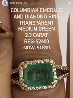 14K Gold Colombian Emerald and diamond double shank ring