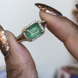 14K Gold Colombian Emerald and diamond double shank ring
