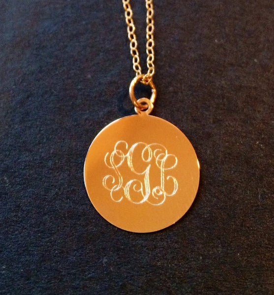 14K Yellow Gold Engraved disc necklace monogram pendant customized jewelry