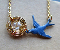 Mothers Love IV Bluebird Bluejay version mommy necklace with nest and eggs silver gold or bronze customized