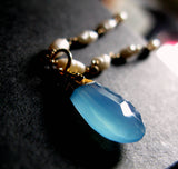 My Big Day Grade A aqua sky blue chalcedony and rice pearl 14K gold Wedding necklace